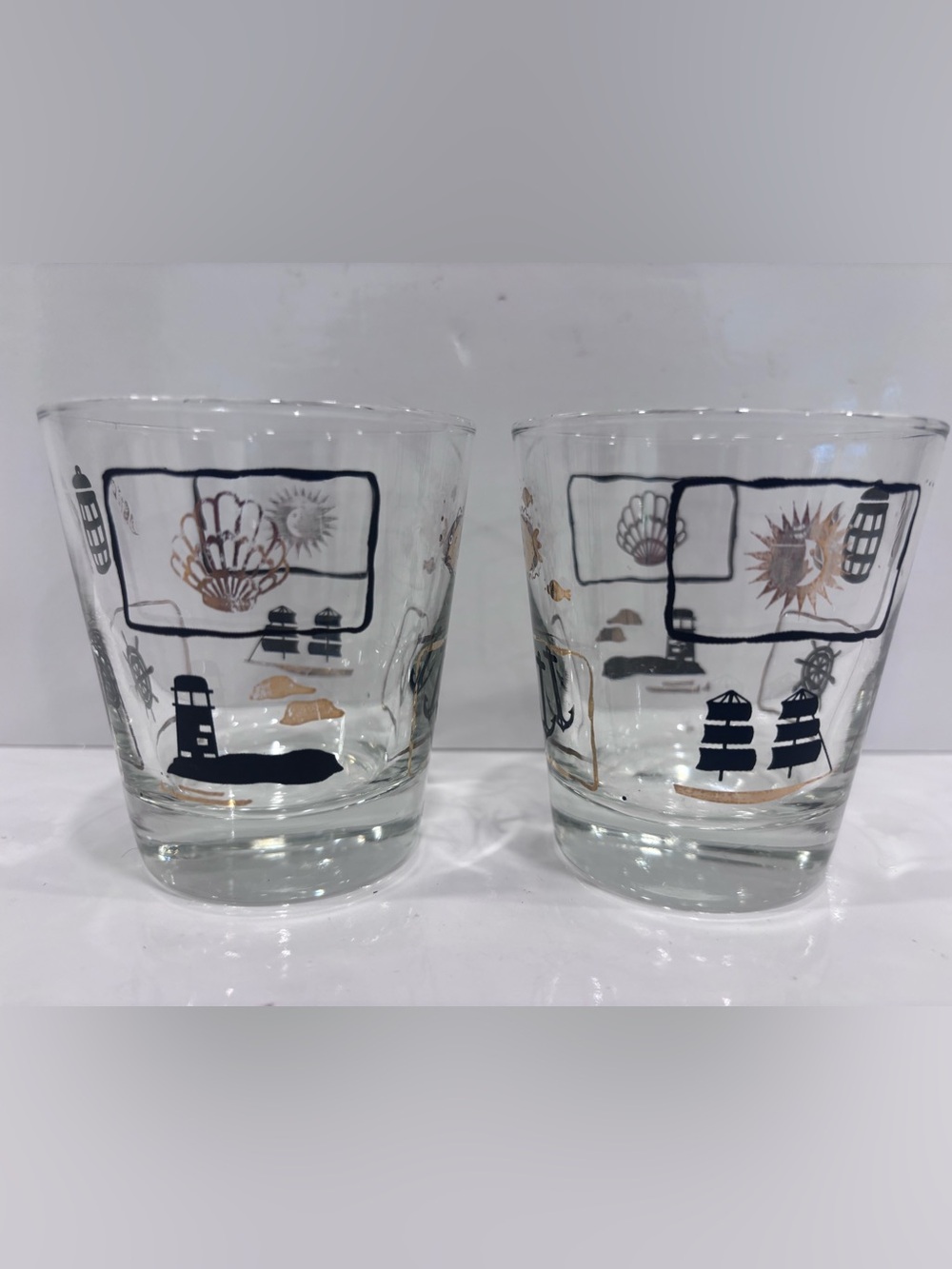 Vintage nautical themed lowball old fashioned rocks glasses pair- lighthouse